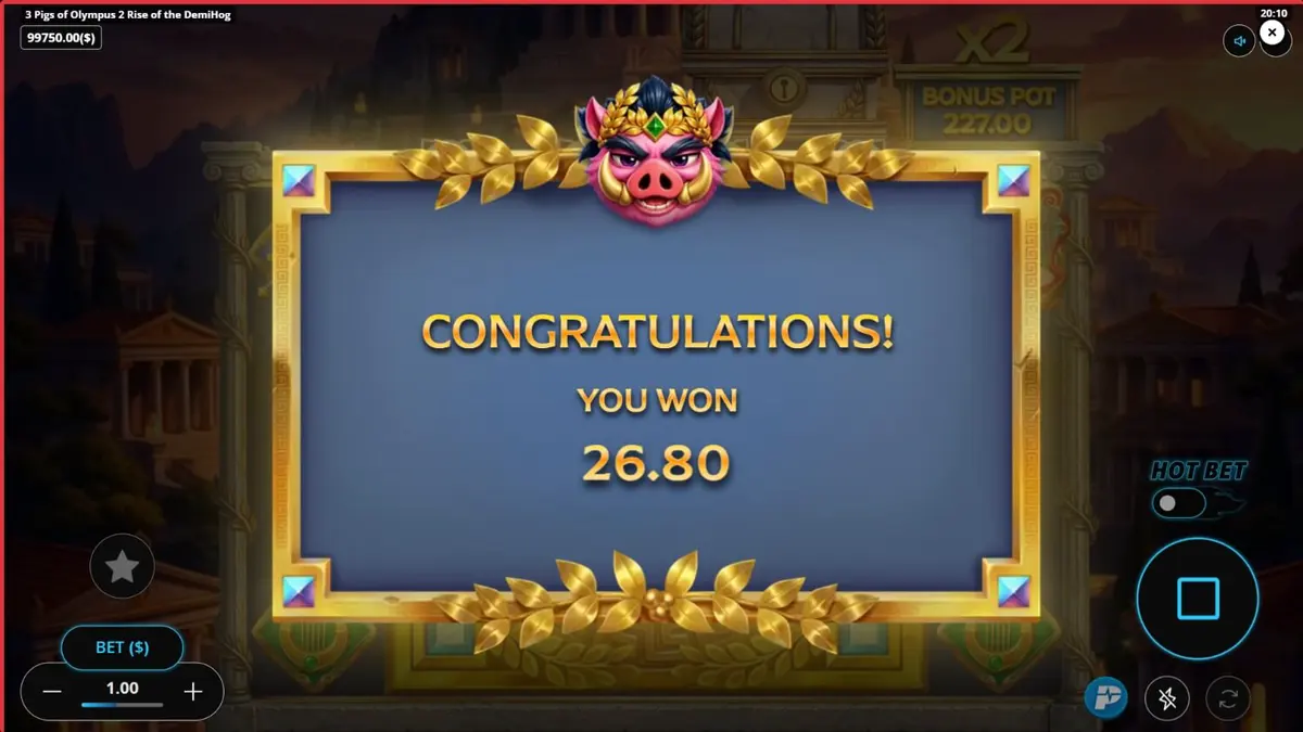 3 Pigs of Olympus 2 Rise of the DemiHog slot game interface na may mga pig gods at Greek mythology symbols.