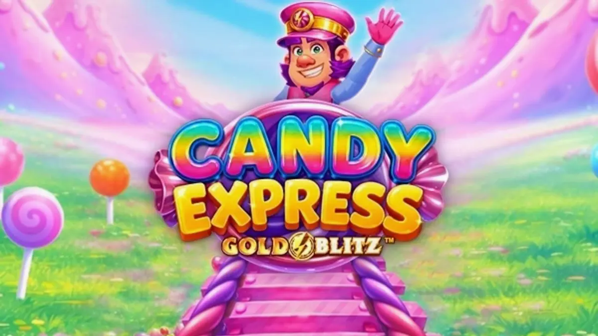 Candy Express Gold Blitz slot game interface na may makukulay na kendi at tren